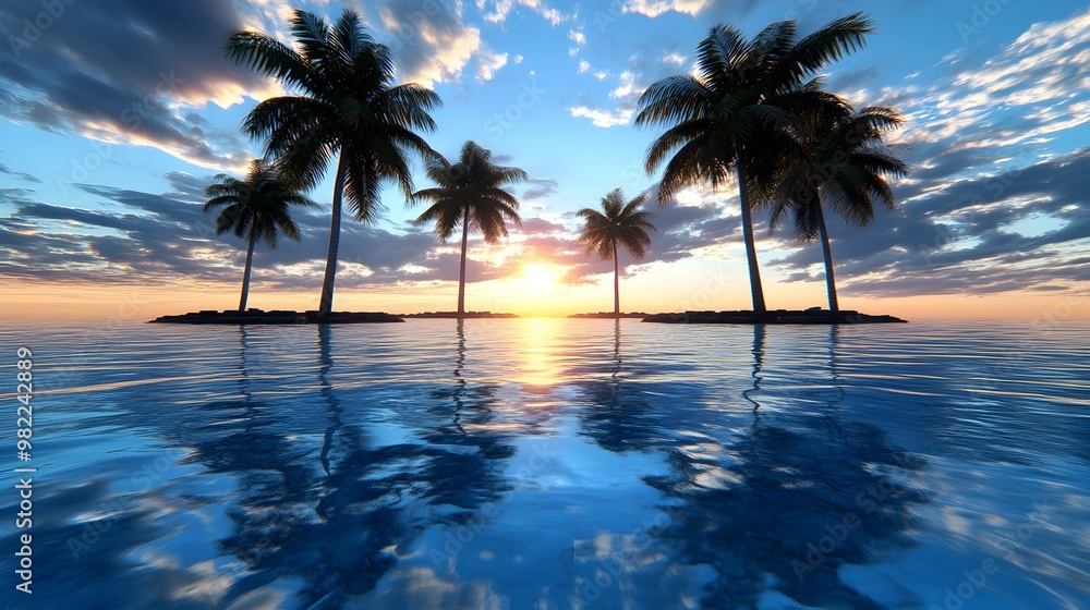 Tropical Sunset with Palm Trees Reflected in Water Tropical Sunset with Palm Trees Reflected in Water