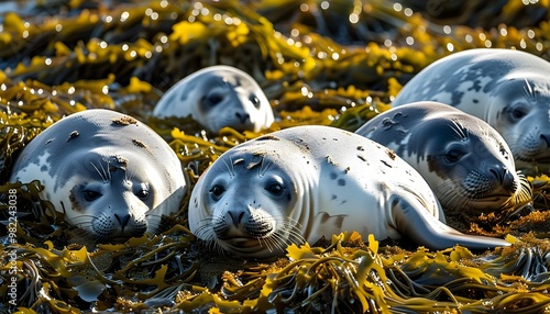 Southern Elephant Seals Resting Amongst Abundant Seaweeds photo