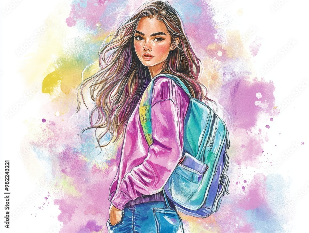 Chic back-to-school fashion with a focus on mental health support and vegan lifestyle, bright and uplifting watercolor tones, a celebration of well-being Chic back-to-school fashion with a focus on mental health support and vegan lifestyle, bright and uplifting watercolor tones, a celebration of well-being