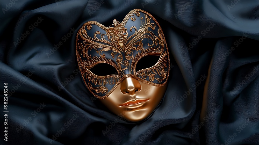 Golden Venetian Mask on Blue Silk Golden Venetian Mask on Blue Silk
