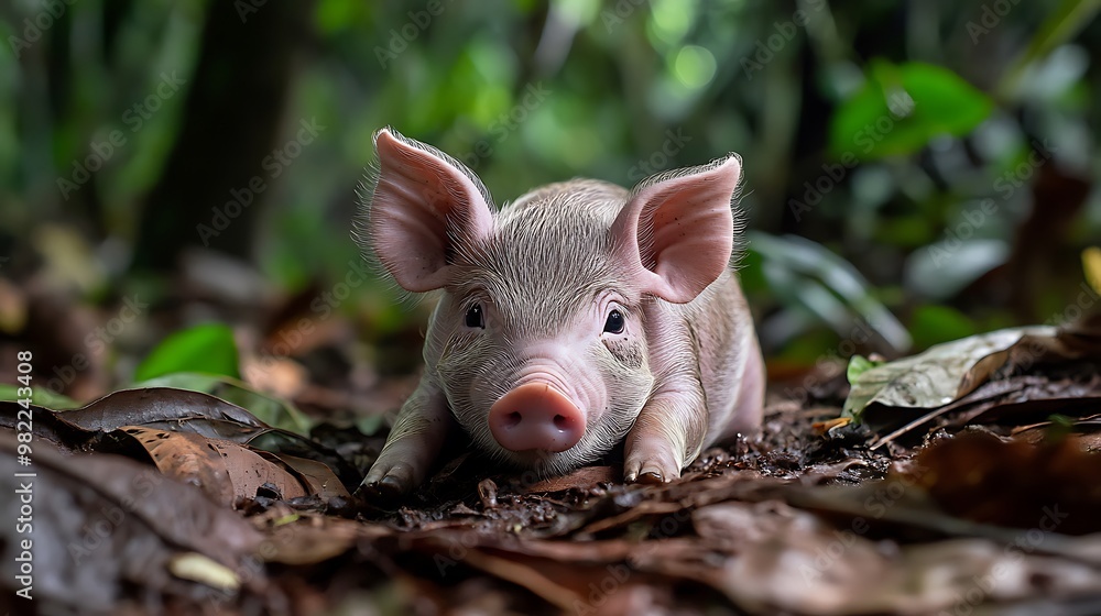 A small pink piglet with large ears lies in a bed of brown leaves in a lush green forest. A small pink piglet with large ears lies in a bed of brown leaves in a lush green forest.