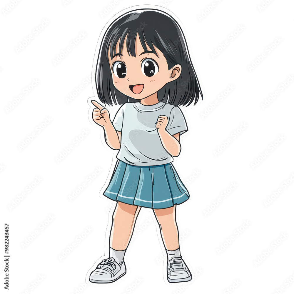 Adorable anime inspired cartoon character of a young cheerful girl standing in a grassy outdoor field expressing joy Adorable anime inspired cartoon character of a young cheerful girl standing in a grassy outdoor field expressing joy