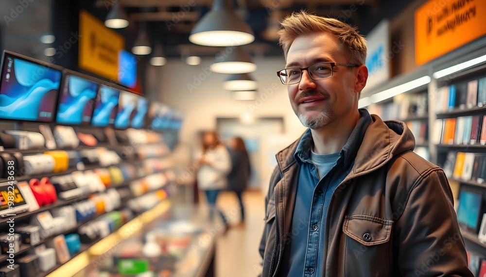 Man in a brown jacket shopping at an electronics store Man in a brown jacket shopping at an electronics store