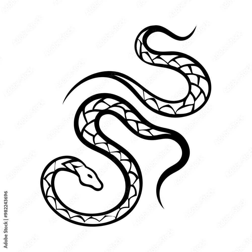 Fototapeta premium Icon of a decorative snake in a serpentine pattern, elegant design on a white background, copy space 