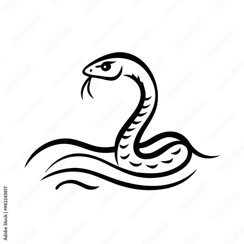 Naklejka premium Icon of a snake emerging from water, sleek design on a white background, copy space