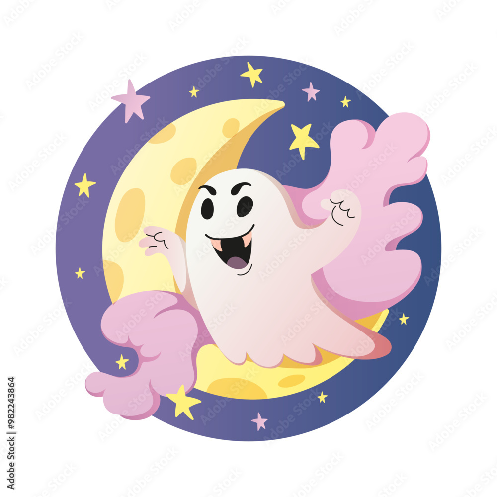 Scary pink Ghost, night sky and moon. Happy Halloween cartoon vector illustration. Cute funny Flying spirit. Halloween Magic levitating phantom. Cartoon spooky character isolated on white background.