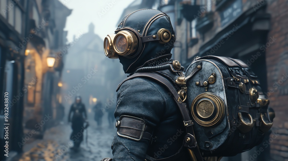 A steampunk explorer in a foggy city, wearing vintage goggles and an ornate backpack, reflecting adventure and mystery. A steampunk explorer in a foggy city, wearing vintage goggles and an ornate backpack, reflecting adventure and mystery.