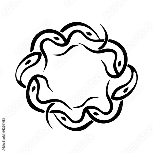Icon of snakes forming a circular pattern, intricate design on a white background, copy space
