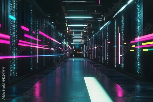 A futuristic data center with rows of servers and colorful LED lights