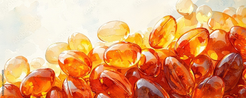 An intricate closeup of healthy fish oil capsules, each capsule’s smooth, amber surface catching the light in a captivating display, arranged neatly and set against a subtle, neutral background to An intricate closeup of healthy fish oil capsules, each capsule’s smooth, amber surface catching the light in a captivating display, arranged neatly and set against a subtle, neutral background to