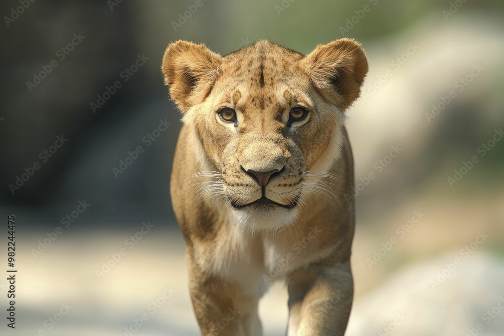 Obraz premium Majestic Lion Striding Confidently on a Rocky Outcrop Against a Natural Backdrop, Showcasing the Power and Grace of Wildlife in Their Natural Habitat