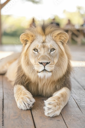 Majestic Lion Relaxing on Rustic Wooden Floor, Capturing the Essence of Wildlife Serenity and Natural Beauty in a Cozy Indoor Environment