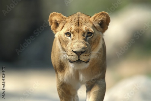 Majestic Lion Striding Confidently on a Rocky Outcrop Against a Natural Backdrop, Showcasing the Power and Grace of Wildlife in Their Natural Habitat