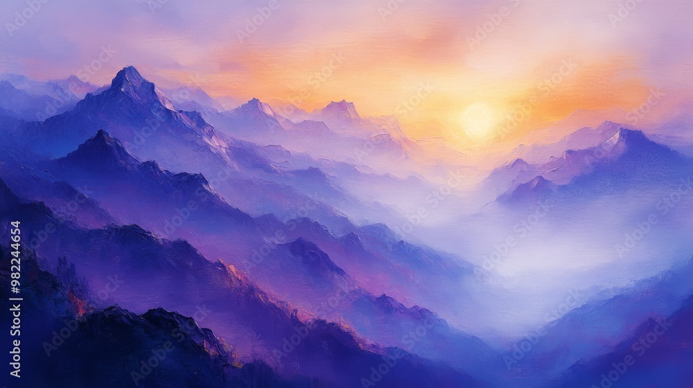 Obraz premium A painting depicting a hazy mountain range at sunset with the sun setting in the distance.