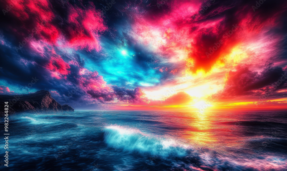 Fototapeta premium Dynamic ocean scene with vibrant sunset, swirling clouds, and crashing waves