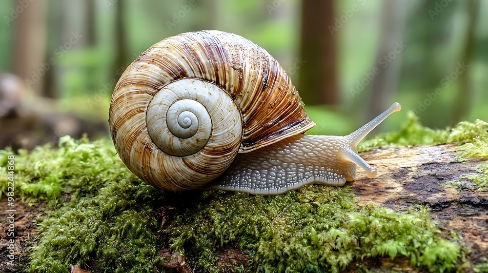A close-up of a snail on a mossy log, showcasing its spiral shell and delicate body against a tranquil forest background. A close-up of a snail on a mossy log, showcasing its spiral shell and delicate body against a tranquil forest background.