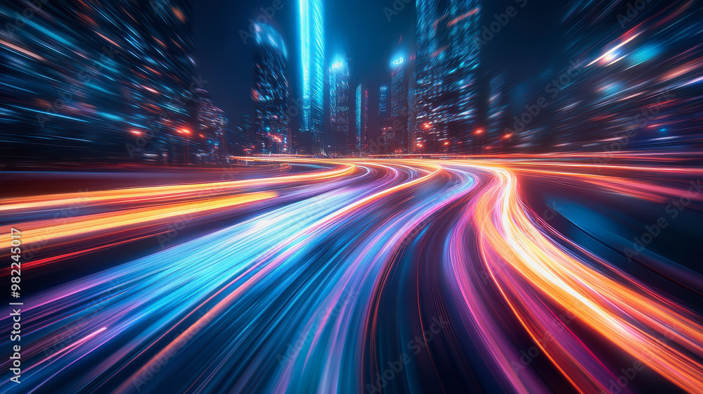 Obraz premium City streets with neon lights, dynamic motion blur, and colorful light trails at night