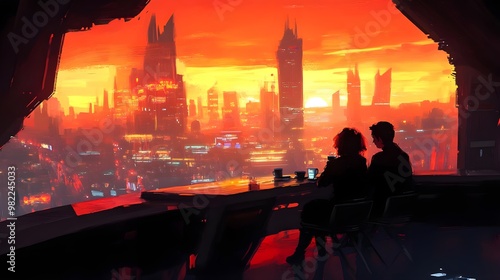 A stunning sunset view over a futuristic city, capturing the essence of technology and romance in a vibrant atmosphere.