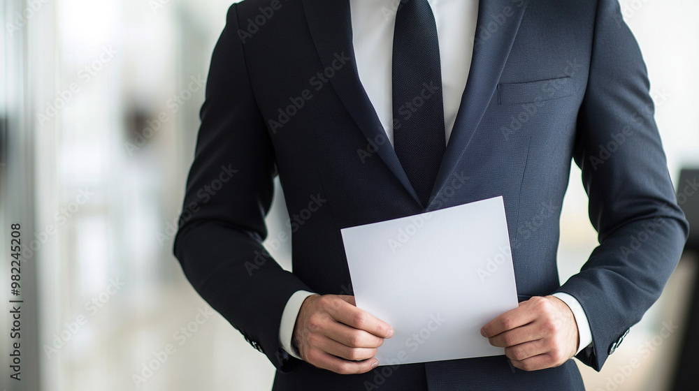 Confident professional in a tailored suit holding a resume, standing against a clean, minimalist office background with ample copy space, representing career readiness and corporate ambition. Confident professional in a tailored suit holding a resume, standing against a clean, minimalist office background with ample copy space, representing career readiness and corporate ambition.