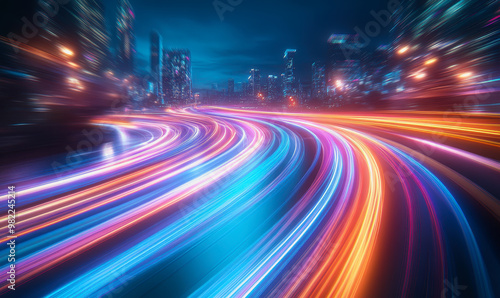 City streets with neon lights, dynamic motion blur, and colorful light trails at night