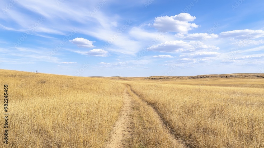 Obraz premium Serene Landscape of a Sunlit Field with a Meandering Dirt Path Leading Through Lush Green Grass Under a Clear Blue Sky, Evoking a Sense of Peaceful Tranquility and Natural Beauty