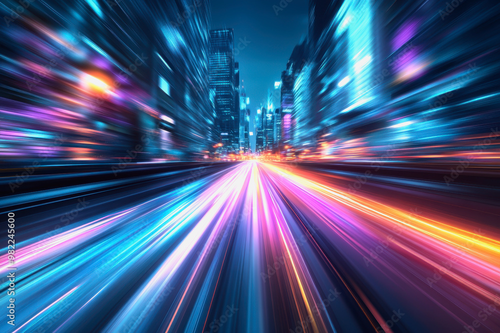 City streets with neon lights, dynamic motion blur, and colorful light trails at night City streets with neon lights, dynamic motion blur, and colorful light trails at night