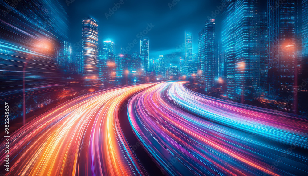 Obraz premium City streets with neon lights, dynamic motion blur, and colorful light trails at night