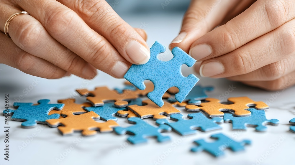 Hands Holding Puzzle Piece on Marble Table Hands Holding Puzzle Piece on Marble Table