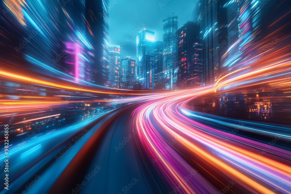 City streets with neon lights, dynamic motion blur, and colorful light trails at night City streets with neon lights, dynamic motion blur, and colorful light trails at night