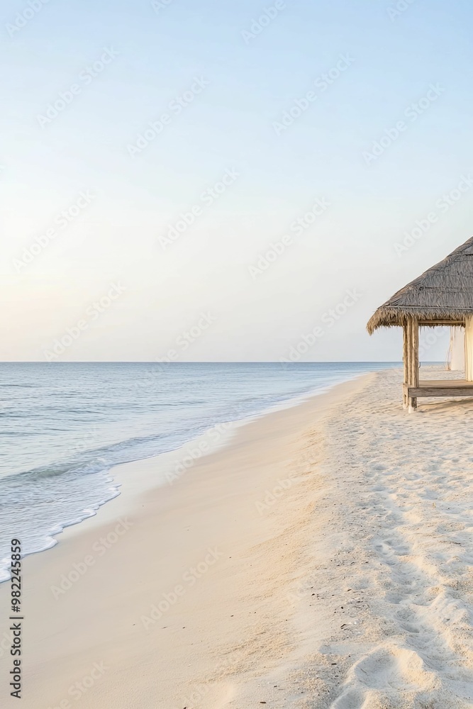Tranquil Beach Scene Featuring a Cozy Hut Nestled in Soft Sand Under a Clear Blue Sky, Ideal for Relaxation and Serenity in Natures Embrace Tranquil Beach Scene Featuring a Cozy Hut Nestled in Soft Sand Under a Clear Blue Sky, Ideal for Relaxation and Serenity in Natures Embrace