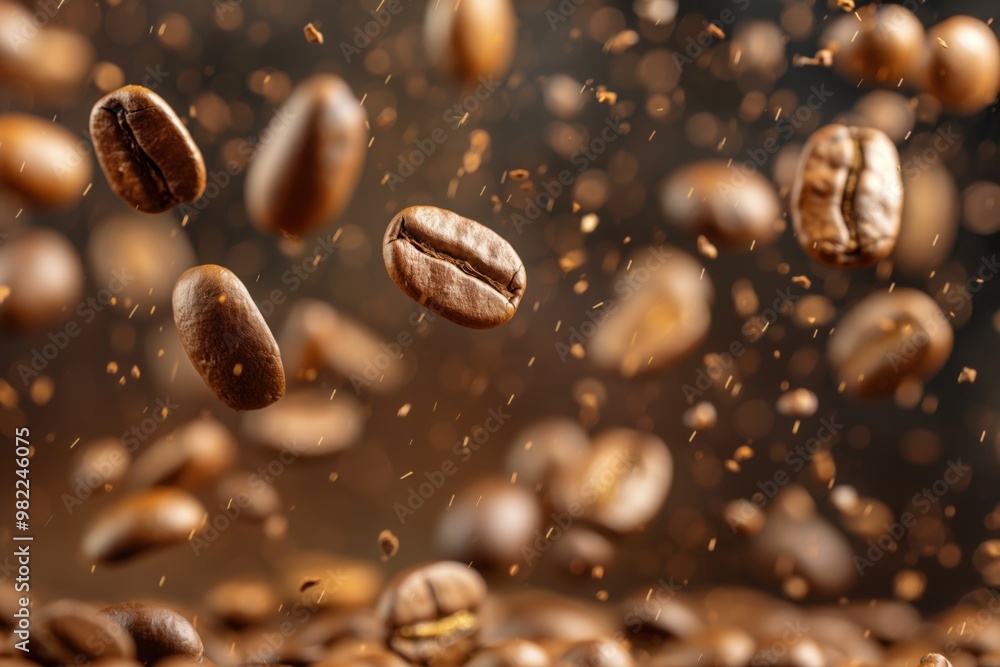 Falling coffee beans background. Flying coffee grains close up. Cafe design. Breakfast menu. Morning coffee aroma of roasted espresso, arabica, cappuccino, latte, mocha Falling coffee beans background. Flying coffee grains close up. Cafe design. Breakfast menu. Morning coffee aroma of roasted espresso, arabica, cappuccino, latte, mocha