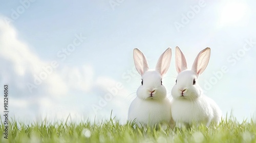 Two Playful White Rabbits Hopping Through Vibrant Green Grass on a Sunny Day, Capturing the Essence of Natures Beauty and Serenity