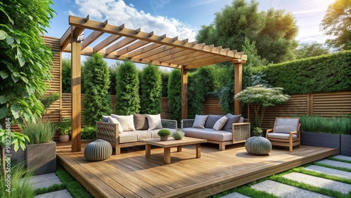 A charming wooden pergola shelters a cozy sitting area, enveloped by lush greenery and serenity, the perfect retreat