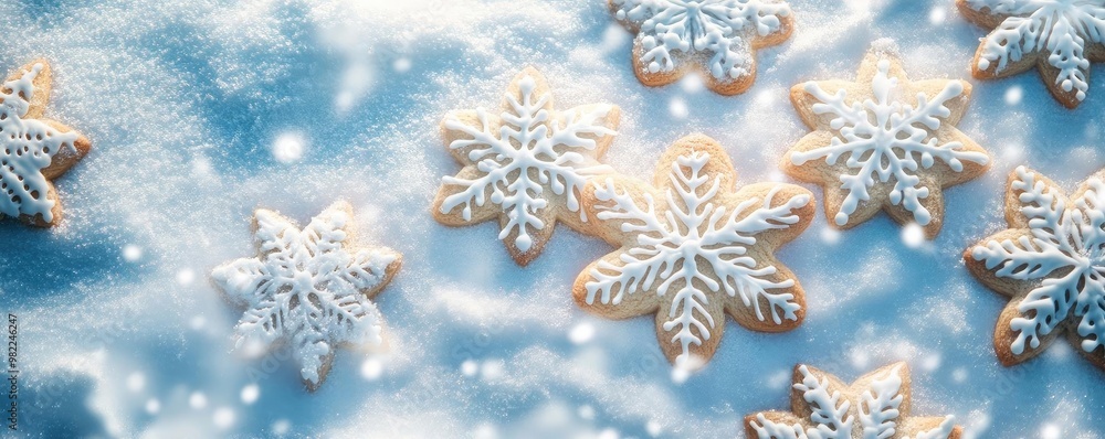 Delicate snowflake cookies dusted with powdered sugar, perfect for the festive season and holiday celebrations. Delicate snowflake cookies dusted with powdered sugar, perfect for the festive season and holiday celebrations.