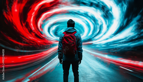 Lone traveler in a vortex of red and blue light on a futuristic journey