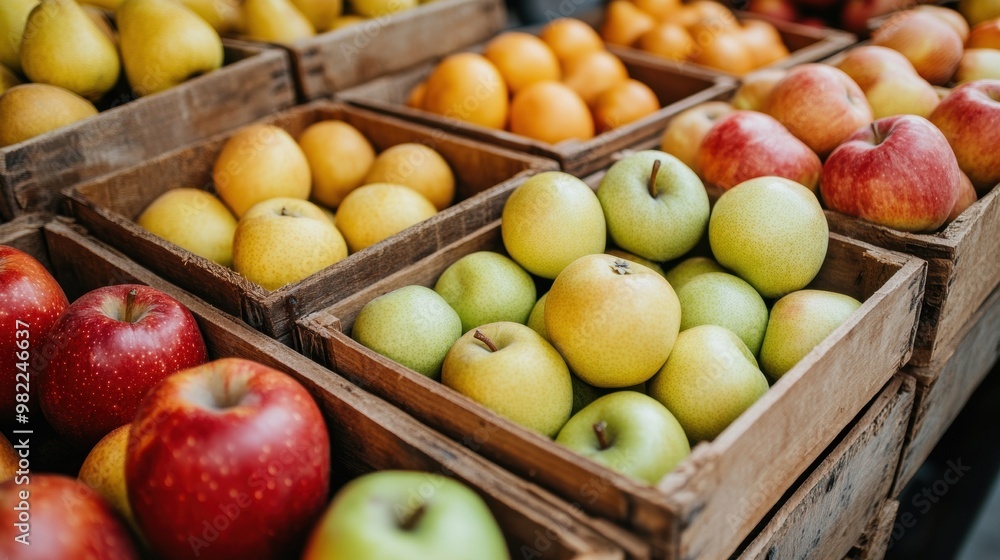 display of locally grown apples and pears in wooden crates at farmers market, fresh harvest banner promoting sustainable farming and community backing display of locally grown apples and pears in wooden crates at farmers market, fresh harvest banner promoting sustainable farming and community backing