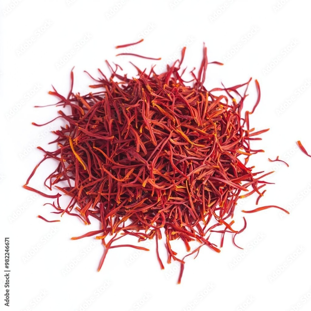 Naklejka premium A close-up of a pile of dried saffron threads on a white background.