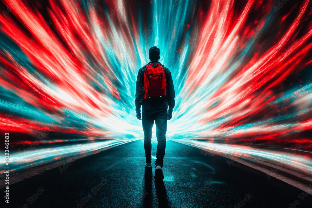 Lone traveler in a vortex of red and blue light on a futuristic journey Lone traveler in a vortex of red and blue light on a futuristic journey