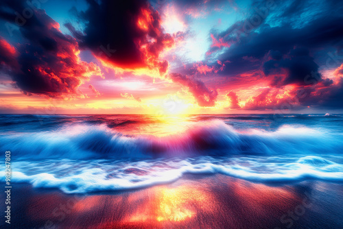 Dynamic ocean scene with vibrant sunset, swirling clouds, and crashing waves