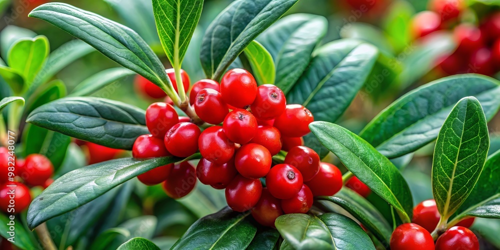 Obraz premium A close-up shot of the goumi berry plant reveals lush, dark green leaves with a glossy finish and