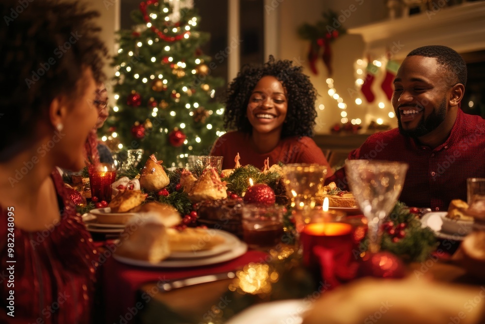 Family gathered around the dinner table for Christmas celebration with warm lighting Family gathered around the dinner table for Christmas celebration with warm lighting