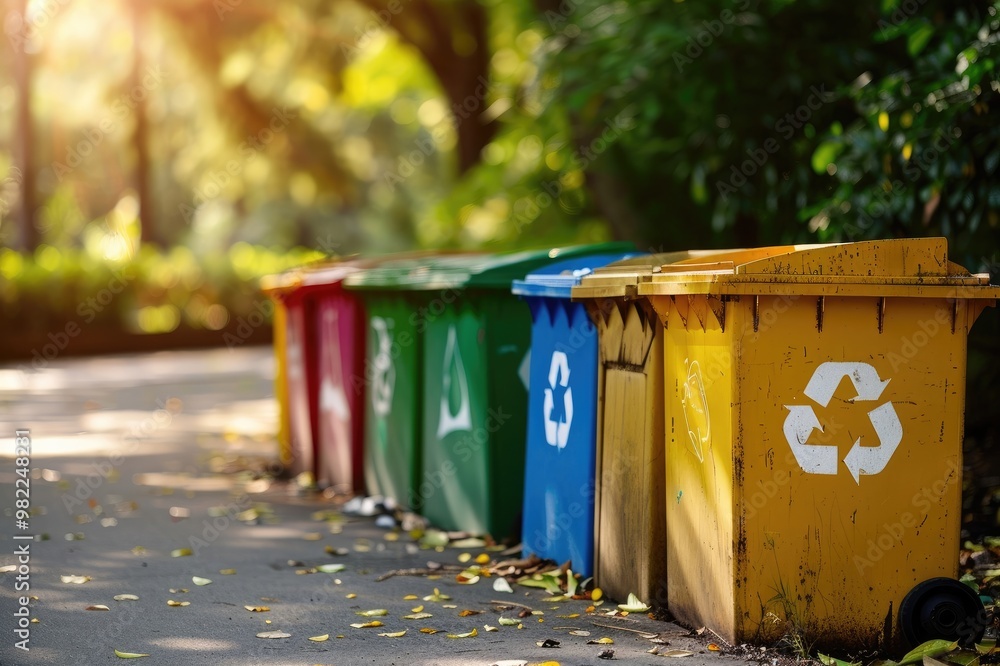 Different color recycling bins in city park bins for collection of recycle materials. Different color recycling bins in city park bins for collection of recycle materials.