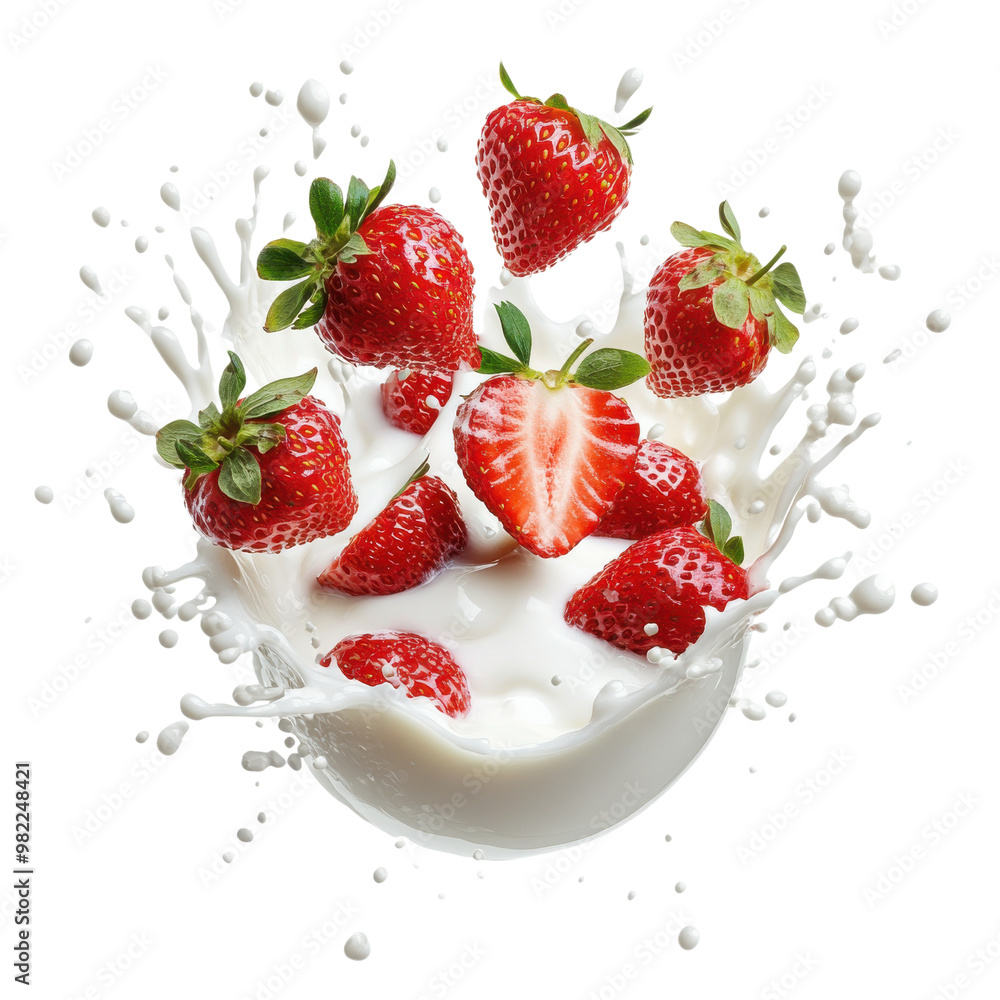 Fresh Strawberries Splashing into Creamy Milk or Yogurt | Isolated on Transparent Background Fresh Strawberries Splashing into Creamy Milk or Yogurt | Isolated on Transparent Background