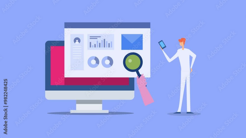 Customer reading message on mobile, email marketing analytics data and information on dashboard screen, business intelligence and data monitoring report, conceptual video animation. Customer reading message on mobile, email marketing analytics data and information on dashboard screen, business intelligence and data monitoring report, conceptual video animation.