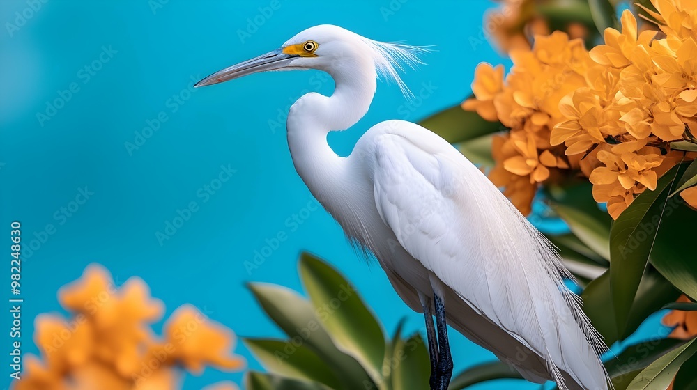 Fototapeta premium Elegant White Bird Among Vibrant Yellow Flowers