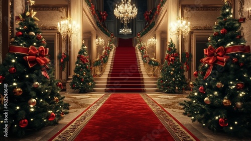 grand red carpet with gold trim and large staircases framed by decorated christmas trees and chandeliers in a luxurious palace setting, evoking a festive and royal holiday atmosphere