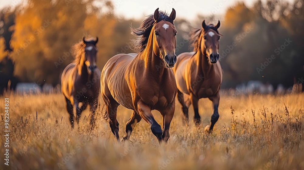 Three Horses Running Through a Field of Tall Grass at Sunset Three Horses Running Through a Field of Tall Grass at Sunset