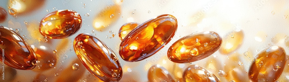 A closeup of fish oil capsules with their lustrous, golden-brown exteriors reflecting light, arranged in an orderly fashion to showcase their clean, shiny texture against a crisp, unobtrusive A closeup of fish oil capsules with their lustrous, golden-brown exteriors reflecting light, arranged in an orderly fashion to showcase their clean, shiny texture against a crisp, unobtrusive