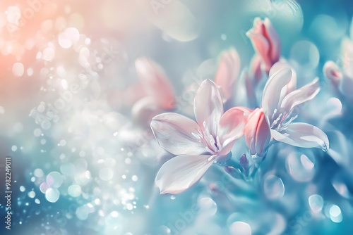 An abstract floral composition with soft pastel colors and glowing light effects