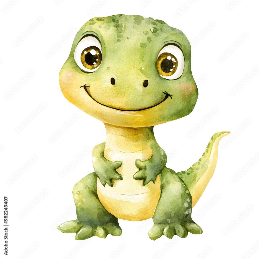Fototapeta premium Cute Green Dinosaur Cartoon Character Watercolor Illustration